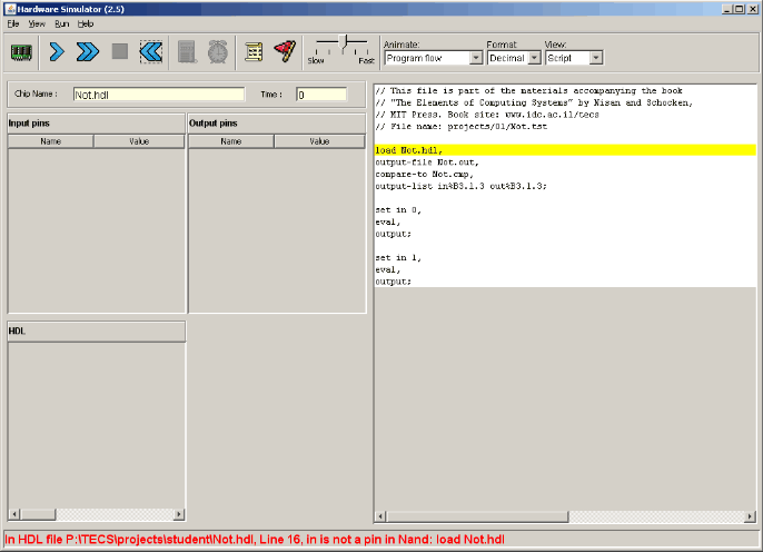 Hardware Simulator screen shot showing error message