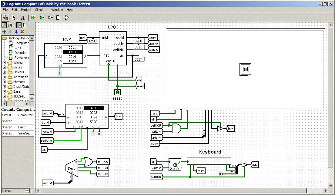 Logisim Hack computer drawing a square spiral on the Screen